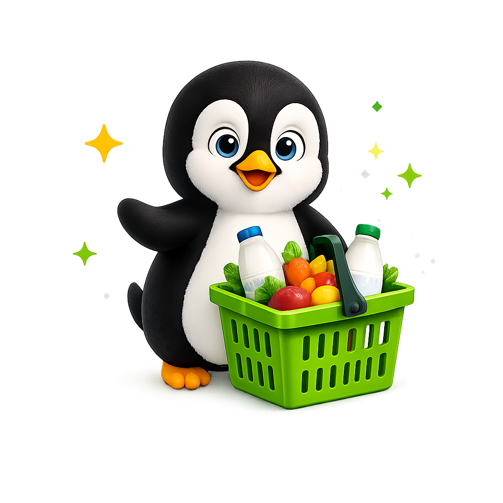 Pingo with a basket of groceries