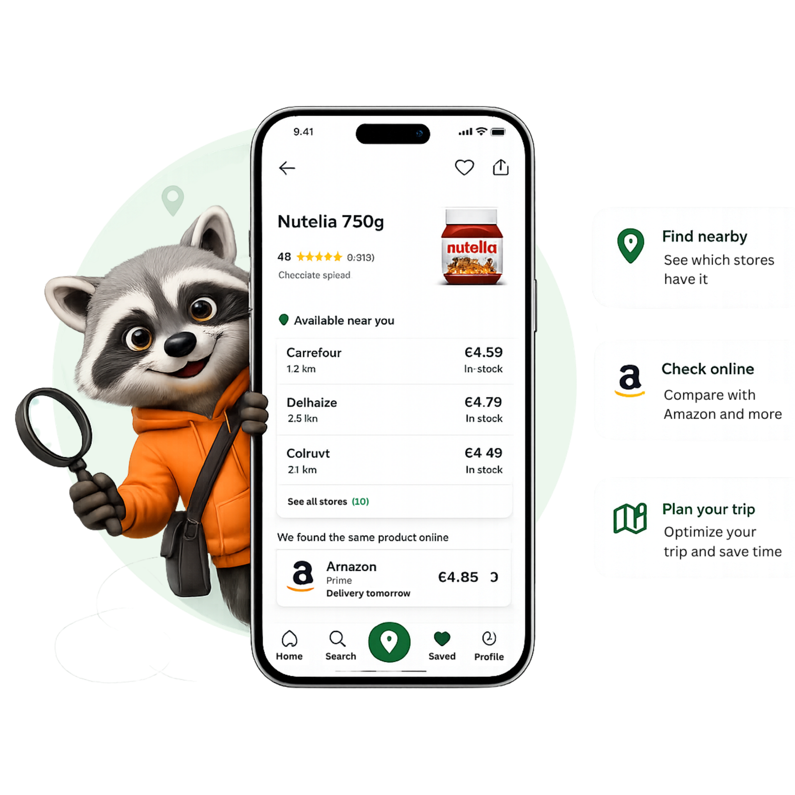 PickPin app showing which nearby stores have a product in stock, next to the PickPin raccoon